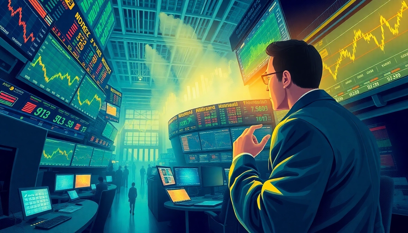 Explore tradings in an energetic trading floor scene with data analytics and market trends.