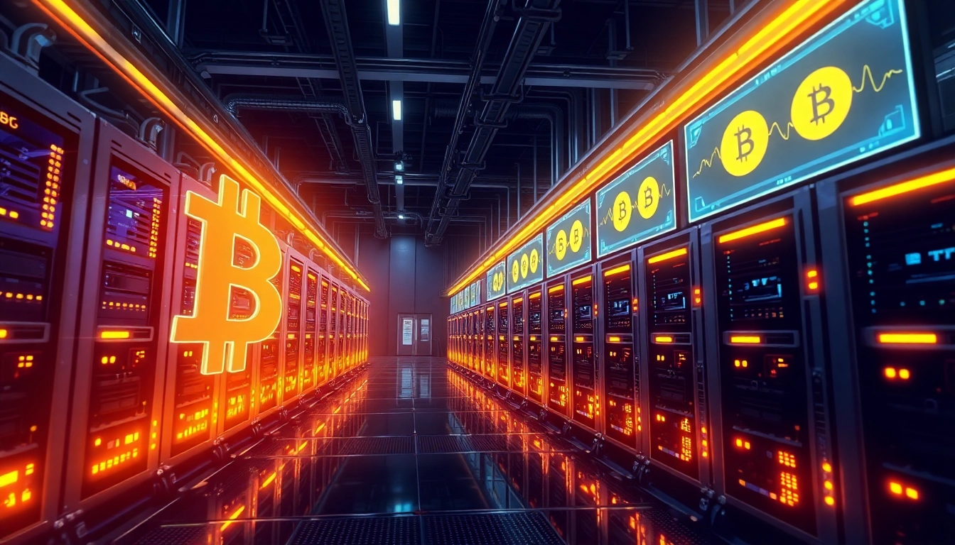 Visualize Bitcoin mining operations with powerful rigs operating in a high-tech facility.