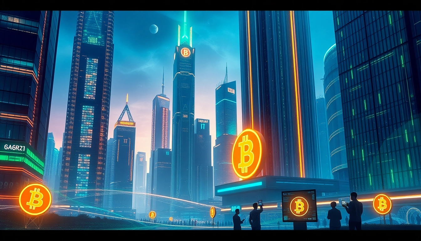 Illustration showcasing Bitcoin as a vibrant digital currency in a futuristic city.