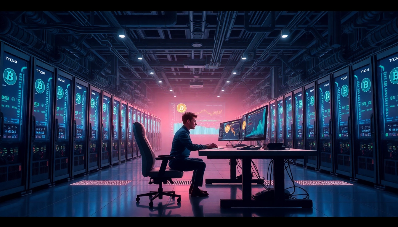 Experience the thrill of Bitcoin mining as a miner analyzes data in a high-tech facility.