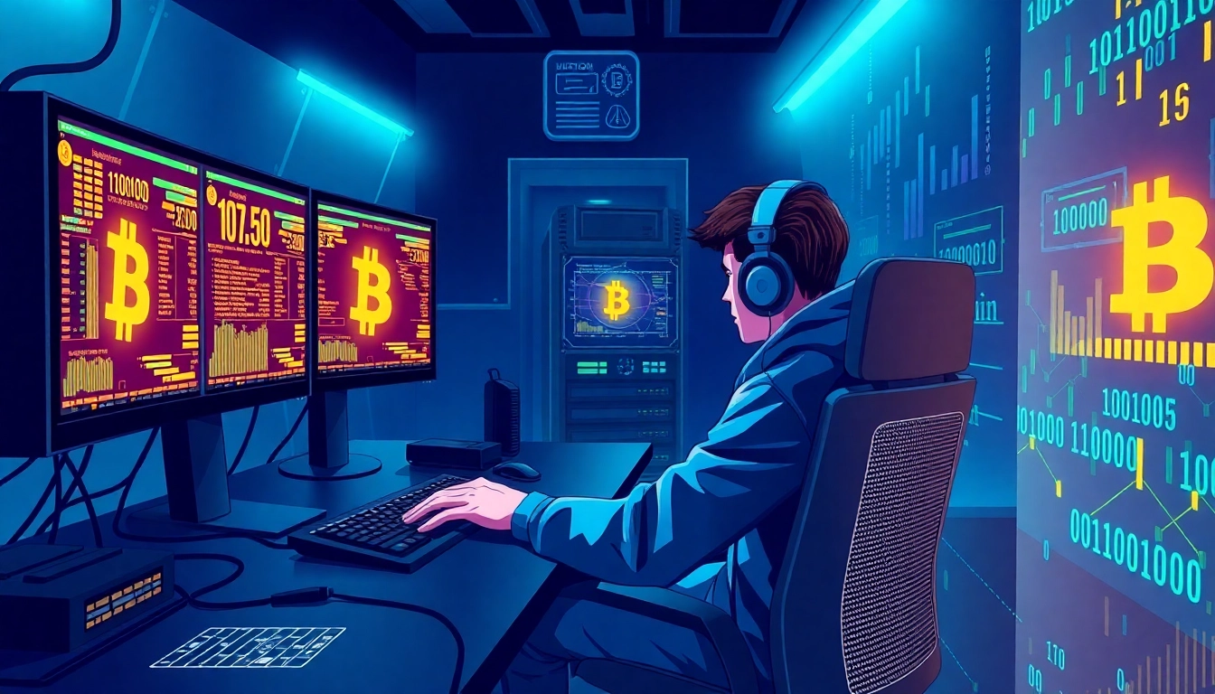 Engage in Bitcoin mining with a futuristic workspace showcasing advanced technology and vibrant digital elements.