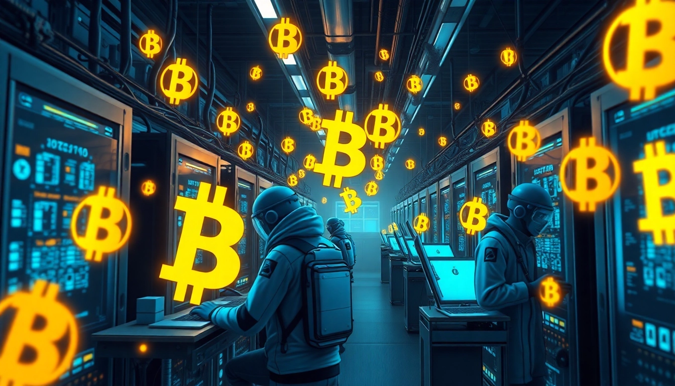 Explore Bitcoin mining techniques in a high-tech facility with miners and advanced rigs.