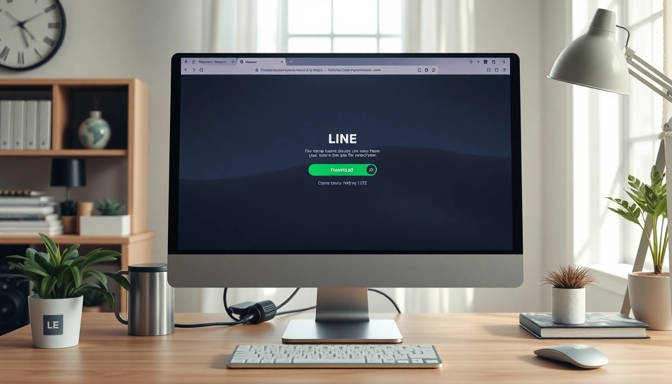 Download the line下载電腦版 on a sleek desktop computer screen in a cozy workspace setting.