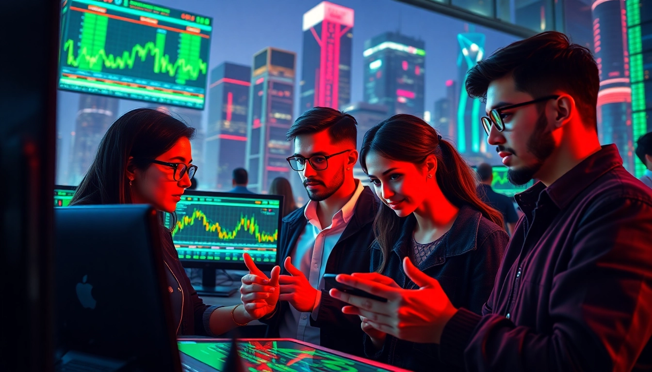 Explore vibrant trading activity in the Crypto market with young investors analyzing charts and data.