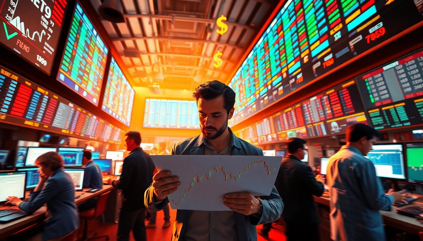 Engage in dynamic Tradings on a bustling trading floor illustrated with colorful charts and diverse traders.