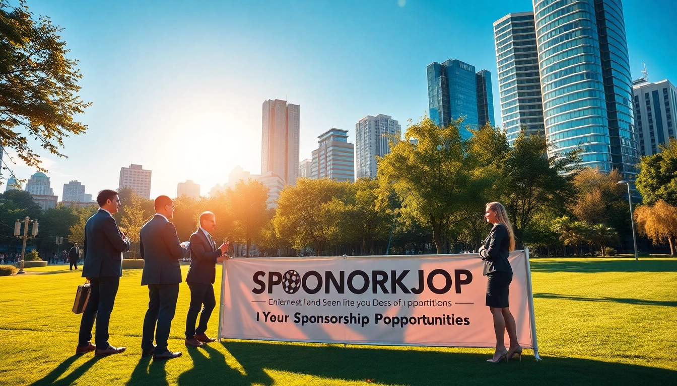 Explore diverse business professionals discussing valuable sponsorship opportunities in a vibrant park setting.