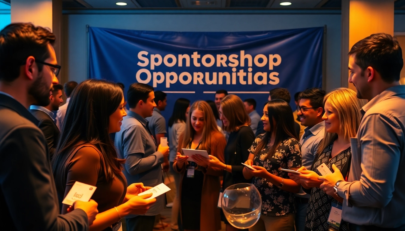 Sponsorship opportunities highlighted at a networking event with diverse professionals engaging.
